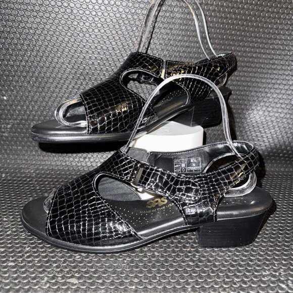 SAS Open Toe Suntimer Black Patent Leather Croc Print Tripad Sandals Size 8.5 - Picture 1 of 9